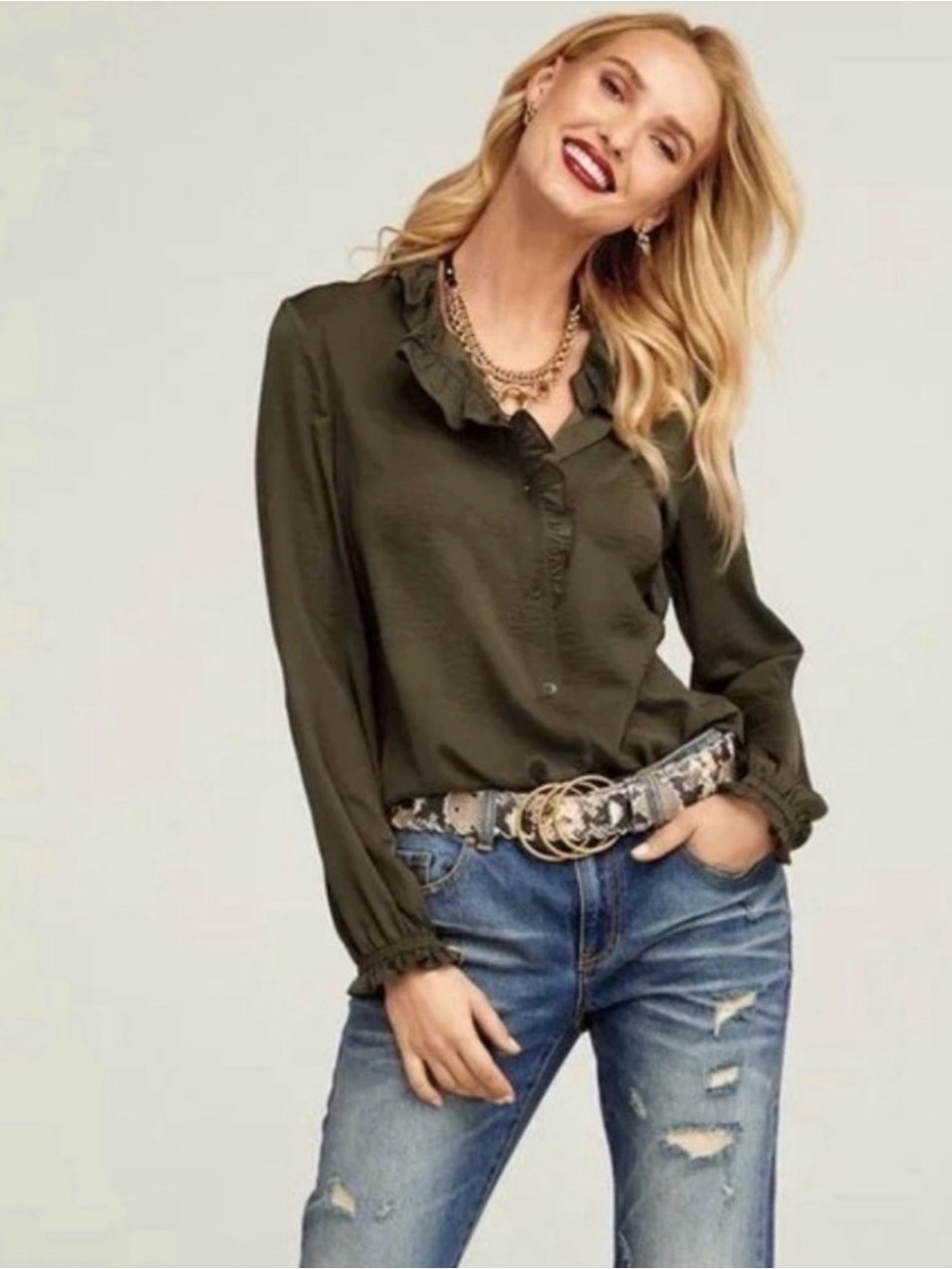 CAbi 4167 The Icon Blouse Olive Green Long Sleeve Office Preppy Size Small